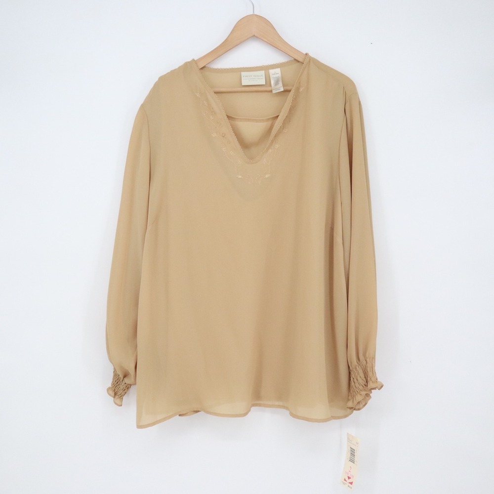 First Issue Blouse Women 18W-20W Tan Smocked Cuff Embroidered New